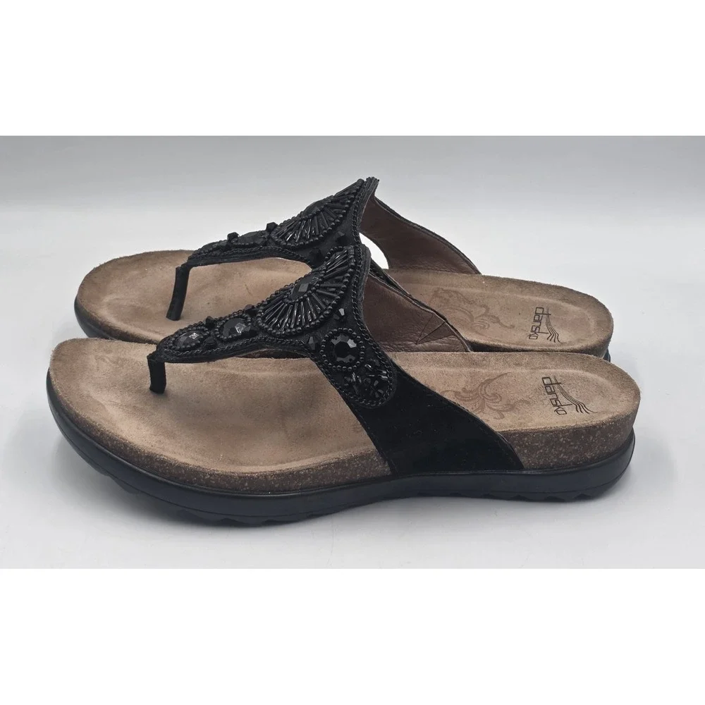 Dansko Black Beaded Leather Thong Sandals